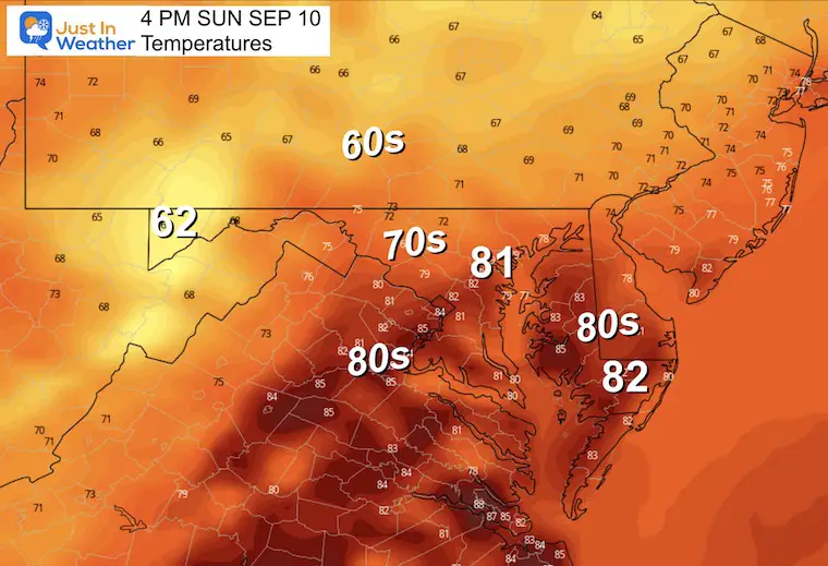 September 9 weather forecast temperatures Sunday afternoon