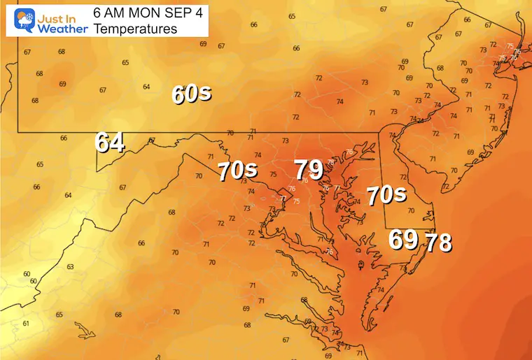 September 2 weather temperatures Monday morning