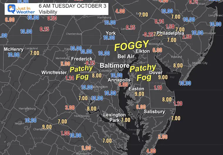 October 3 weather visibility fog Tuesday morning