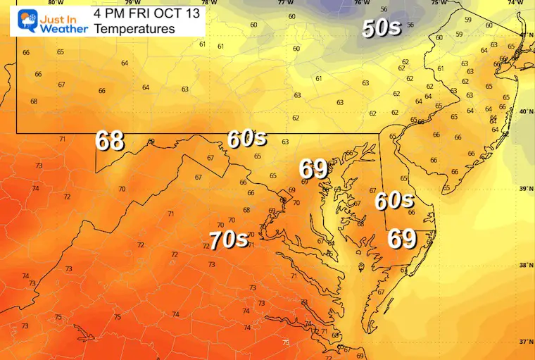 October 13 weather temperatures Friday afternoon