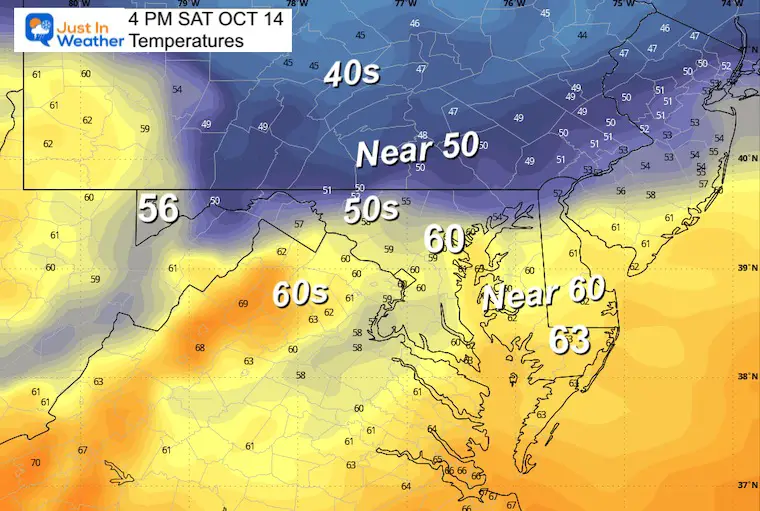 October 13 weather temperatures Saturday afternoon