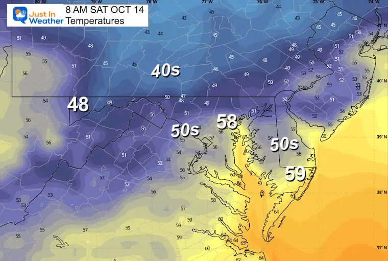 October 13 weather temperatures Saturday morning