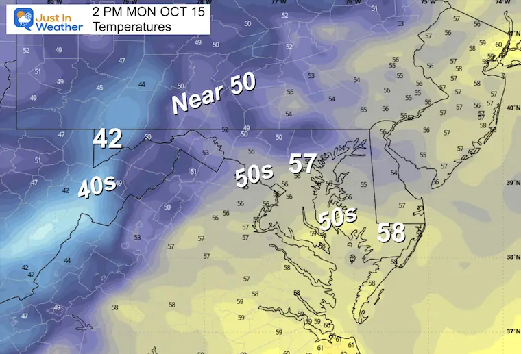 October 15 weather temperatures Monday afternoon