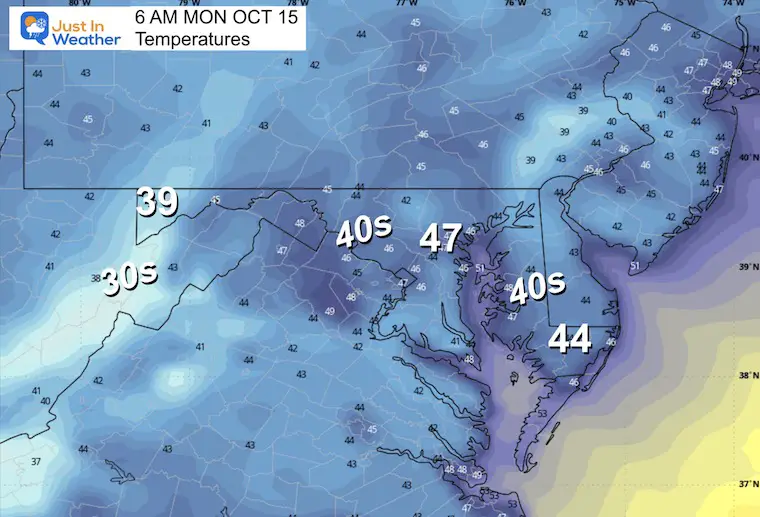 October 15 weather temperatures Monday morning