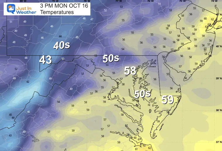 October 16 weather temperatures Monday afternoon