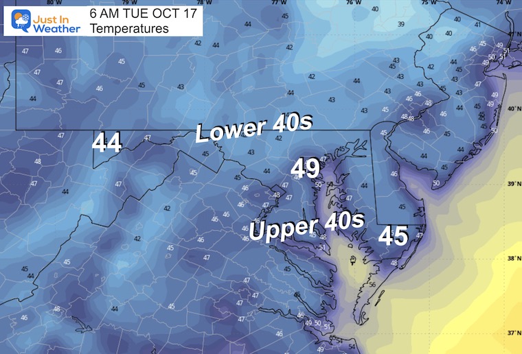 October 16 weather temperatures Tuesday morning