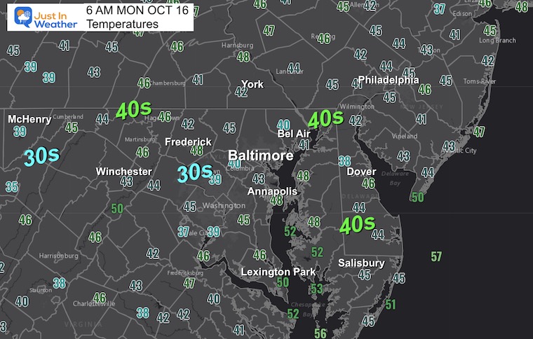 October 16 weather temperatures Monday morning