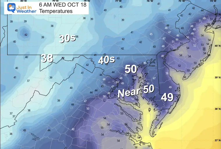 October 17 weather temperatures Wednesday morning