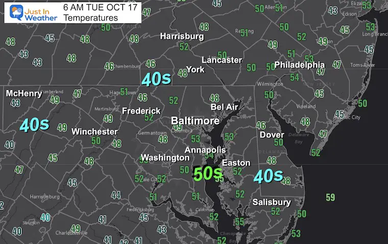 October 17 weather Tuesday morning temperatures