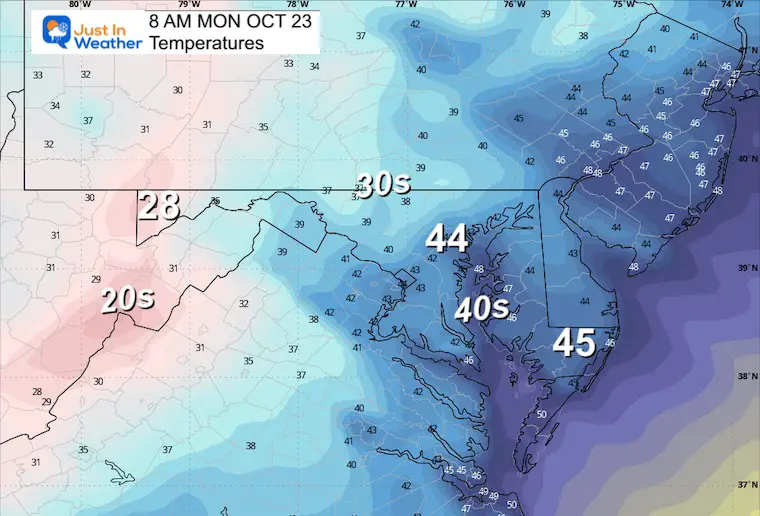 October 18 weather temperatures Monday morning