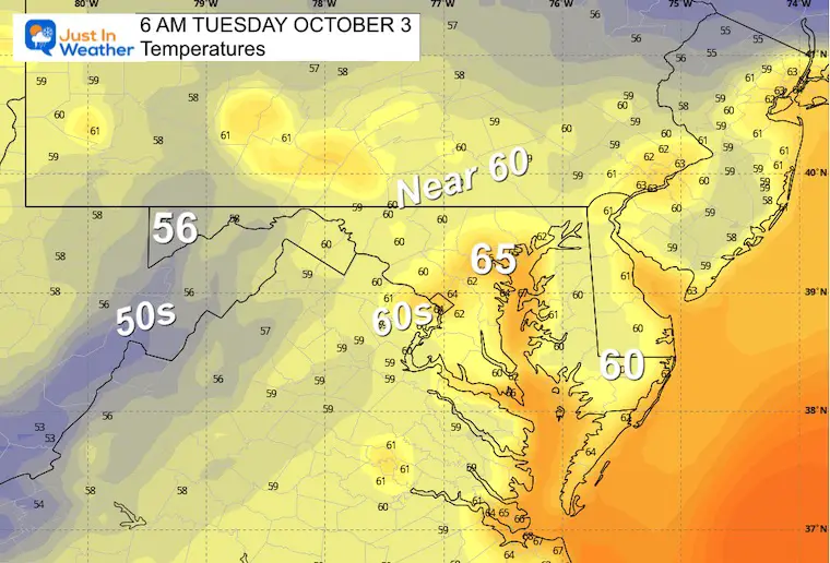 October 2 weather temperatures Tuesday morning
