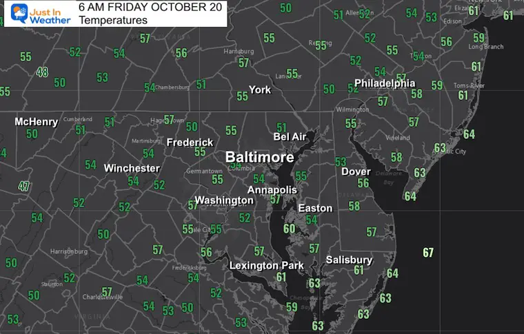 October 20 weather temperatures Friday morning