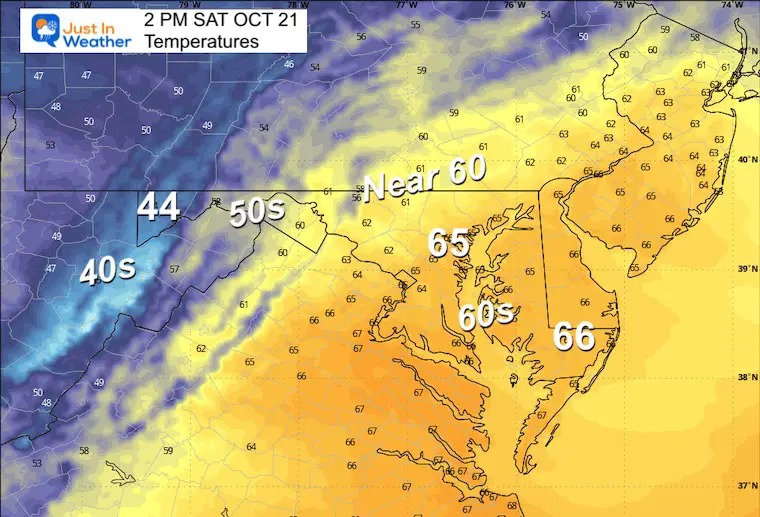  October 21 weather forecast temperatures Saturday afternoon