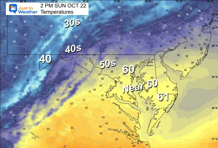  October 21 weather forecast temperatures Sunday afternoon