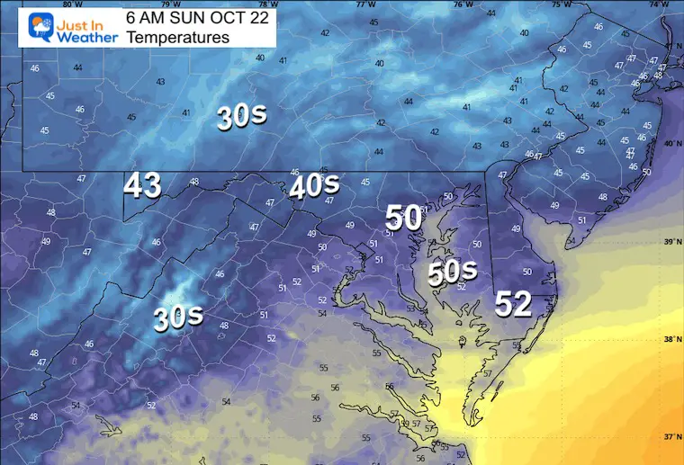  October 21 weather forecast temperatures Sunday morning