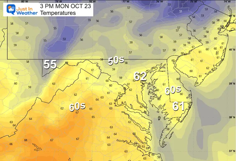 October 22 weather forecast temperatures Monday afternoon
