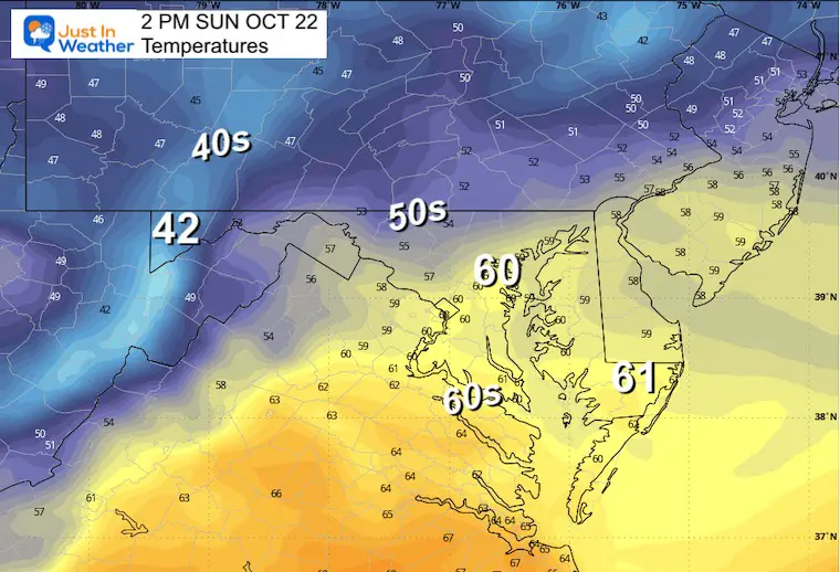 October 22 weather forecast temperatures Sunday afternoon