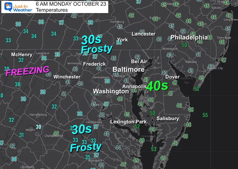 October 23 weather temperatures Monday morning