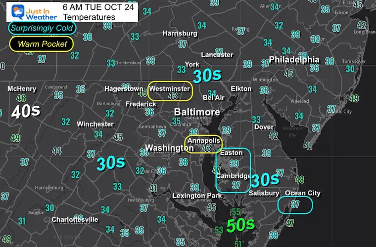 October 24 weather temperatures Tuesday morning