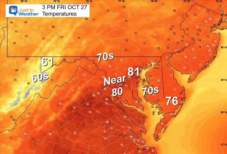 October 27 weather forecast temperatures Friday afternoon