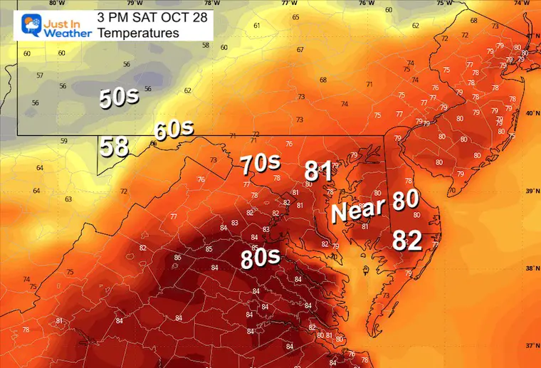 October 27 weather forecast temperatures Saturday afternoon
