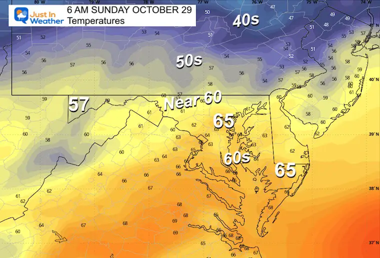 October 28 weather temperatures Sunday morning