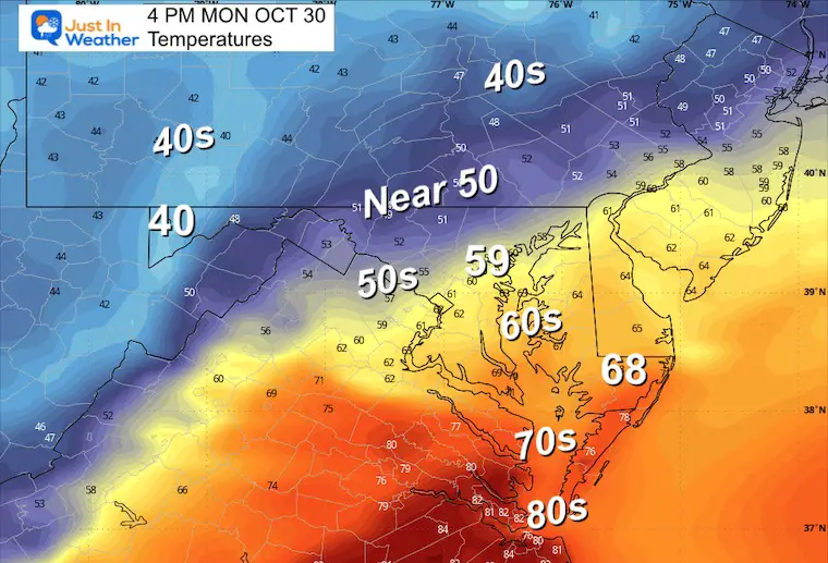 October 29 weather temperature forecast Monday afternoon