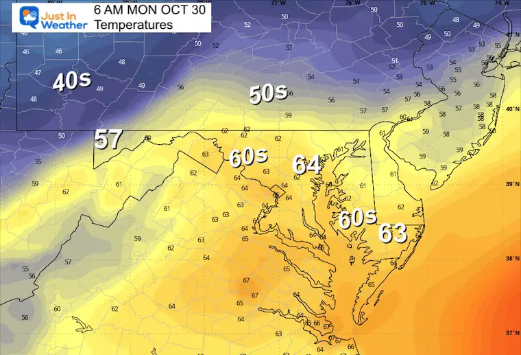 October 29 weather temperature forecast Monday morning