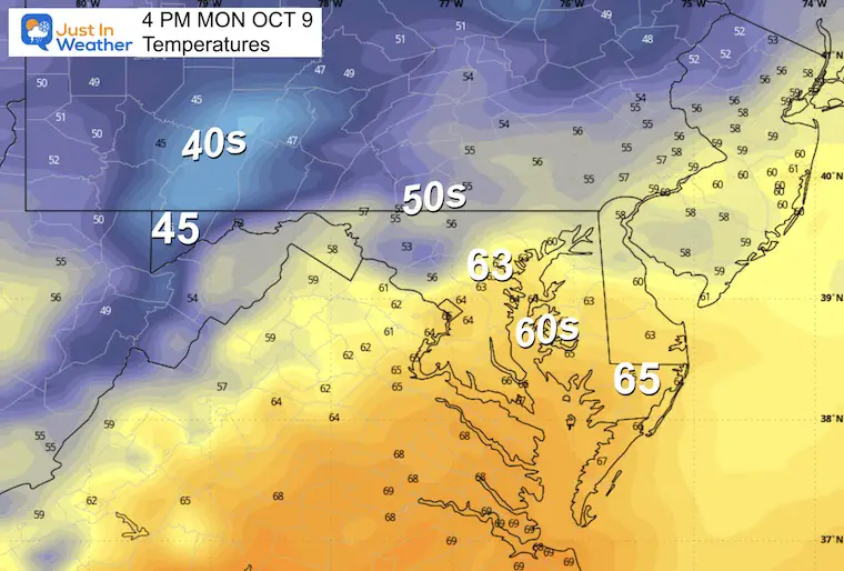 October 8 weather Sunday temperatures forecast Monday afternoon