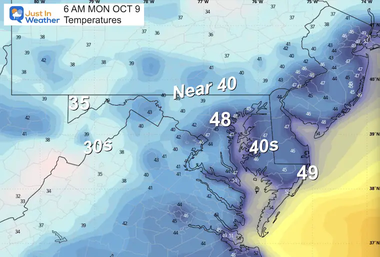 October 8 weather Sunday temperatures forecast Monday morning