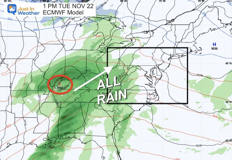 November 17 weather snow Tuesday ECMWF