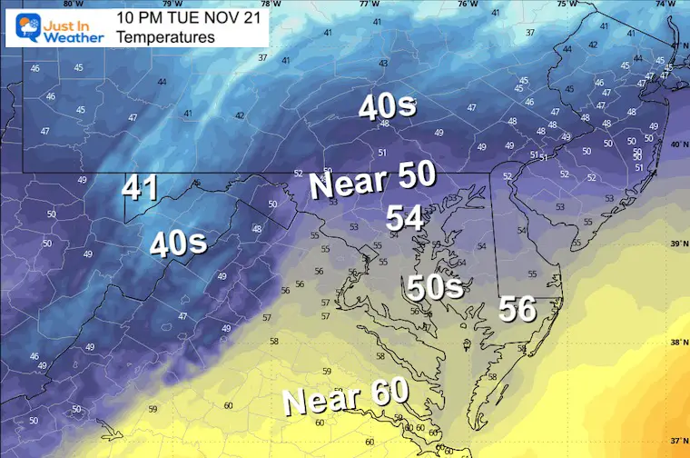 November 21 weather temperatures Tuesday night
