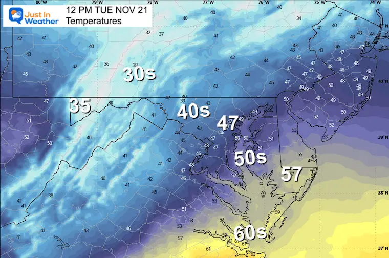 November 21 weather temperatures Tuesday afternoon
