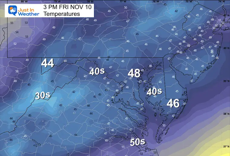 November 10 weather temperatures Friday afternoon