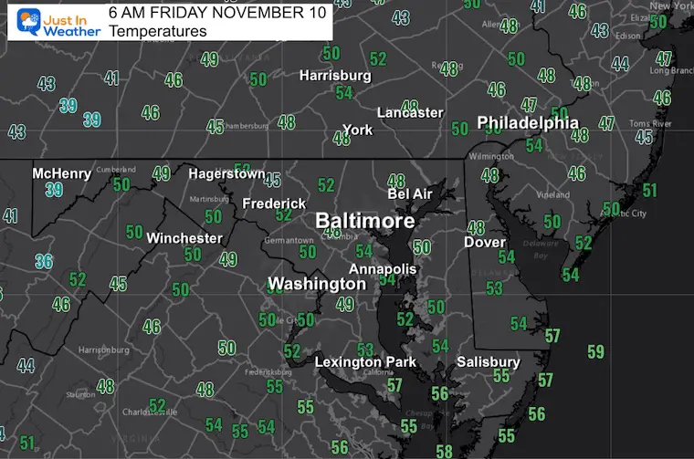 November 10 weather temperatures Friday morning