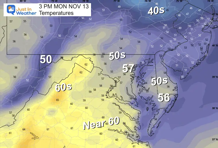 Forecast temperatures for November 12 Monday afternoon
