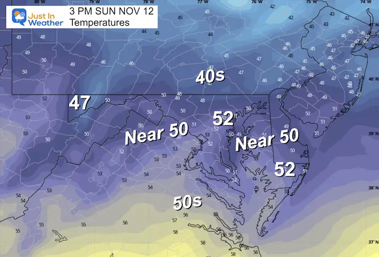 November 12 weather forecast temperatures Sunday afternoon