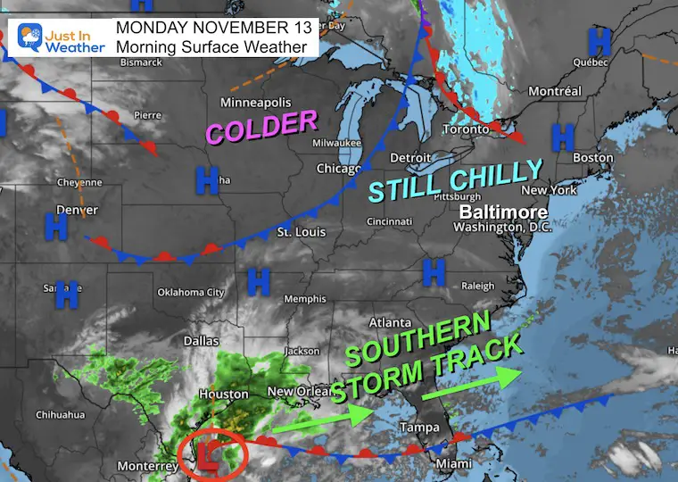 November 13 The weather remains cold and dry with a chance of rain on Friday