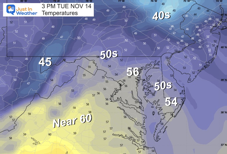 November 13 weather temperatures Tuesday afternoon