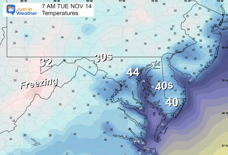 November 13 weather temperatures Tuesday morning