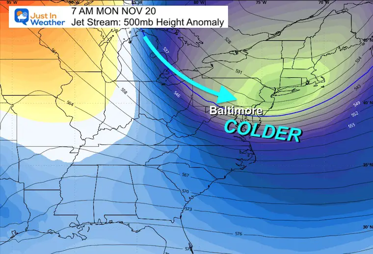 November 14 weather forecast jet stream Monday Colder