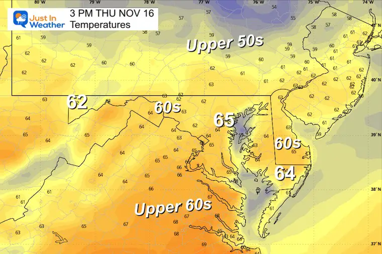 Weather temperatures November 15 Thursday afternoon