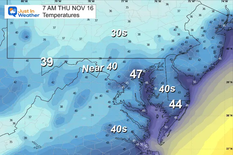 November 15 weather temperatures Thursday morning