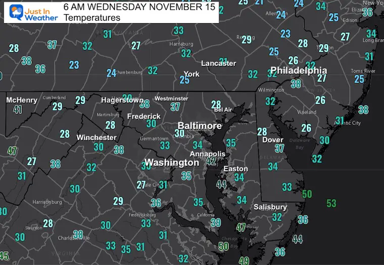 November 15 weather temperatures Wednesday morning