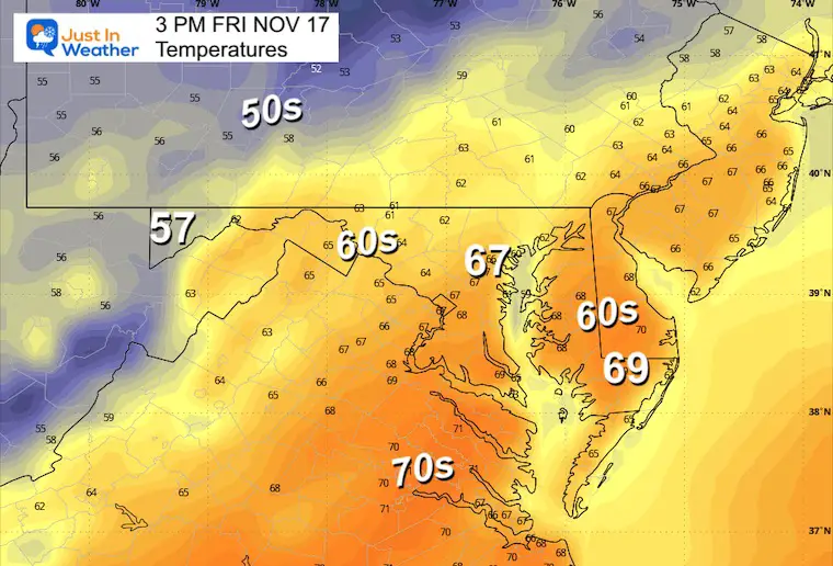 November 16 weather temperatures Friday afternoon