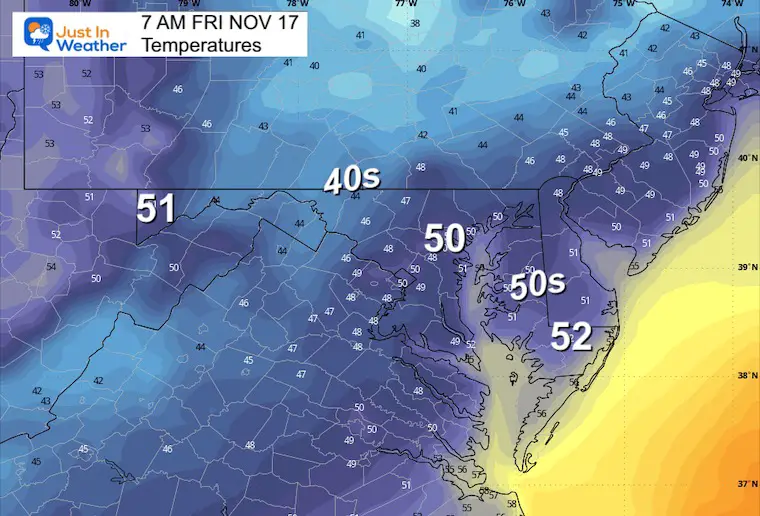 November 16 weather temperatures Friday morning