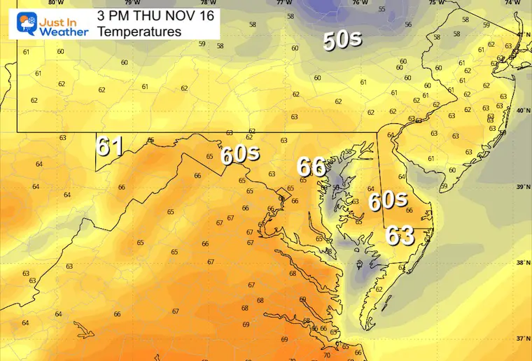 November 16 weather temperatures Thursday afternoon