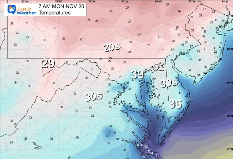 Weather temperatures for November 19, Thursday morning