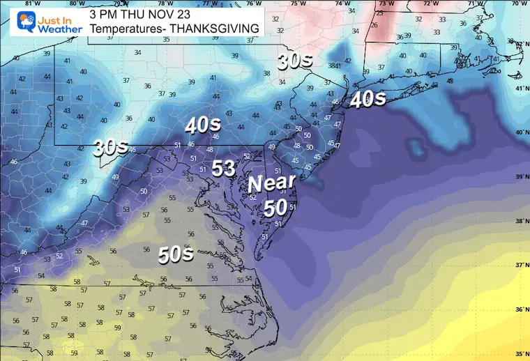 Weather temperatures for November 19 on Thanksgiving afternoon