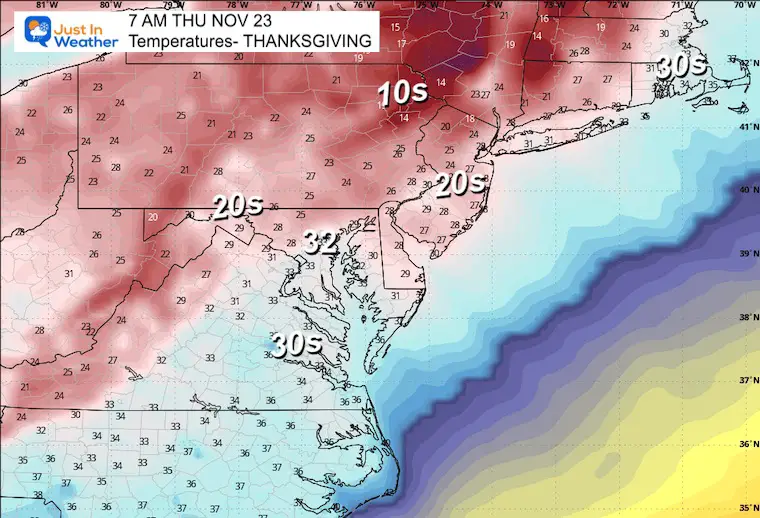 November 19 weather temperatures Thanksgiving Morning